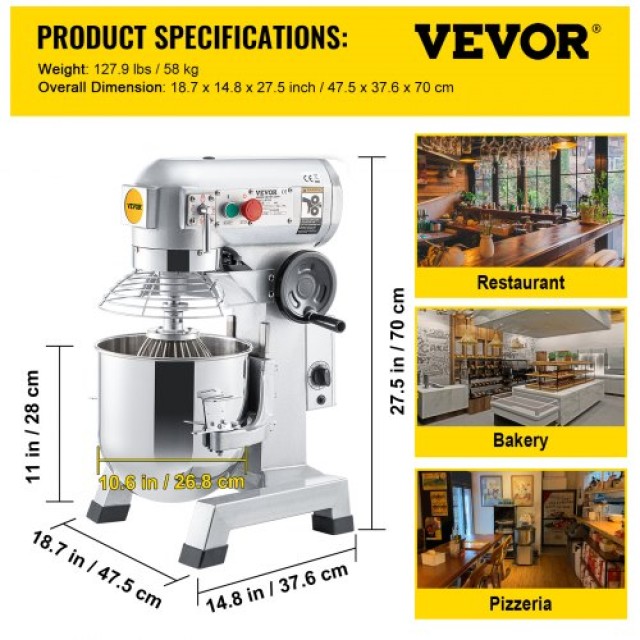Επαγγελματικό Μίξερ VEVOR, 15Qt, 850W, 3 Ταχύτητες, Περιλαμβάνει Γάντζο Ζύμης, Χτυπητήρι, Αναδευτήρα  DDSYJ15QT220VNC94V2