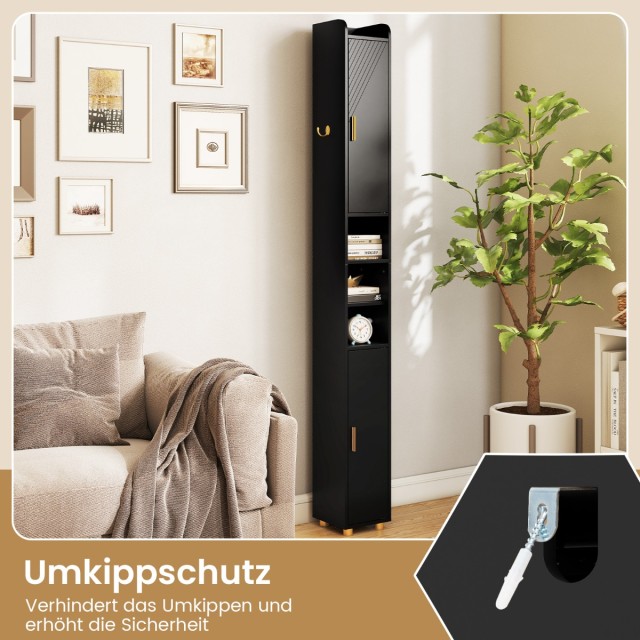 Costway Υψηλό Μαύρο Λεπτό Μπάνιου Ντουλάπι με Ρυθμιζόμενα Ράφια JV1...