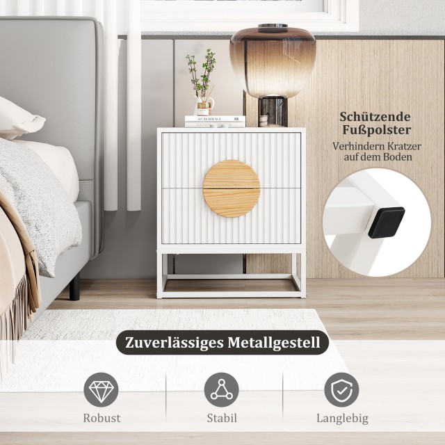 Costway Μοντέρνο Λευκό Κομοδίνο με 2 Συρτάρια και Μεταλλικό Πλαίσιο...