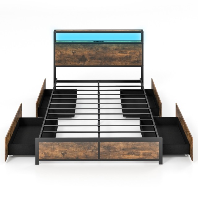 Costway Διπλό Κρεβάτι με LED και Συρτάρια  216 x 144 x 102 εκ σε Ρο...