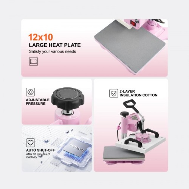 VEVOR Μηχανή Θερμομεταφοράς 12x10 ιντσών για Μπλουζάκια σε Ροζ Χρώμα YTSTHJBJF121030U8V2