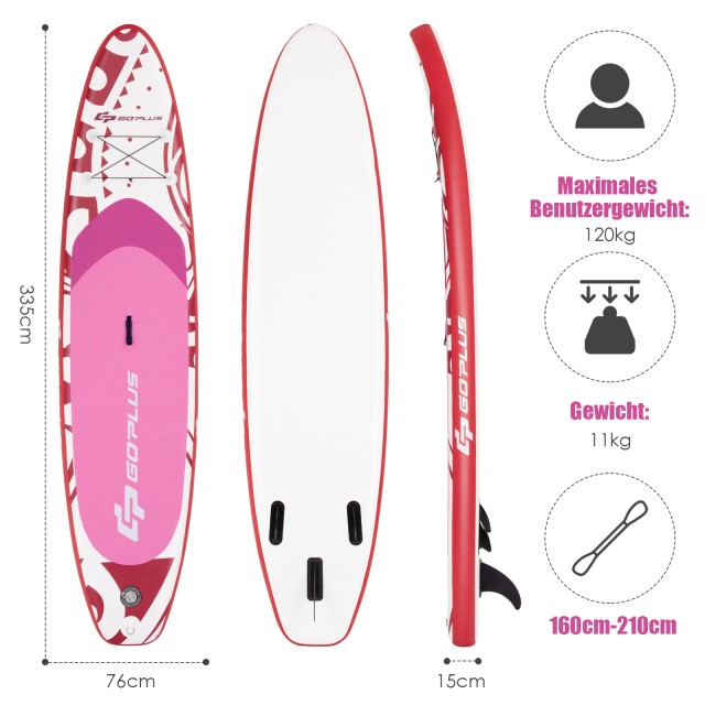 Costway  Φουσκωτή Σανίδα SUP Stand Up Paddle 335 x 76 x 16 cm Ροζ-L...