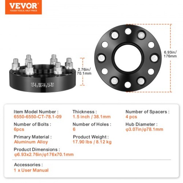 VEVOR Αποστάτες Τροχών 1.5 6x5.5 6 Λαμών, Σετ 4, Μαύροι  LSSFLP15YC6X49EWWV0