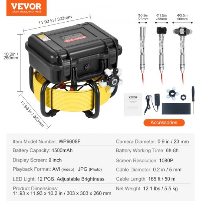 VEVOR  Κάμερα Αποχέτευσης 50μ Αυτοεπιπεδούμενη με Οθόνη 9 και Ζουμ 36X JLKXSGDNKJ9YG8OQLV2