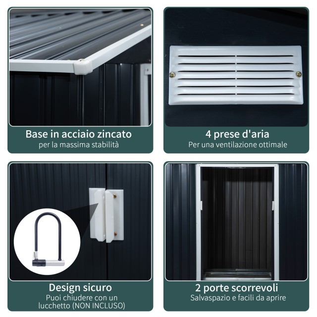 Εργαλειοθήκη Outsunny Garden Shed από λαμαρίνα με συρόμενες πόρτες, 213x130x185cm, Σκούρο Γκρι 845-030CG