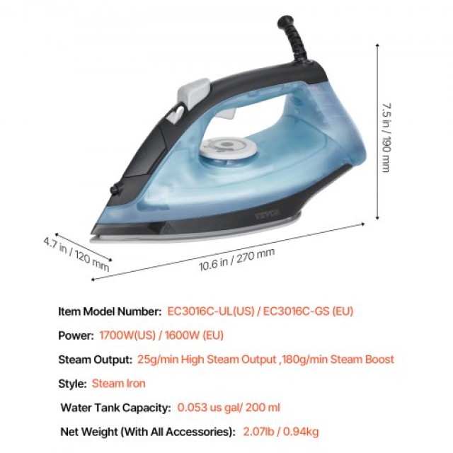 VEVOR Ατμοσίδερο 1600W για Ρούχα με Αυτόματη Απενεργοποίηση και Αυτοκαθαρισμό για Σιδέρωμα ZQYDJYSCS000B4YHNV2