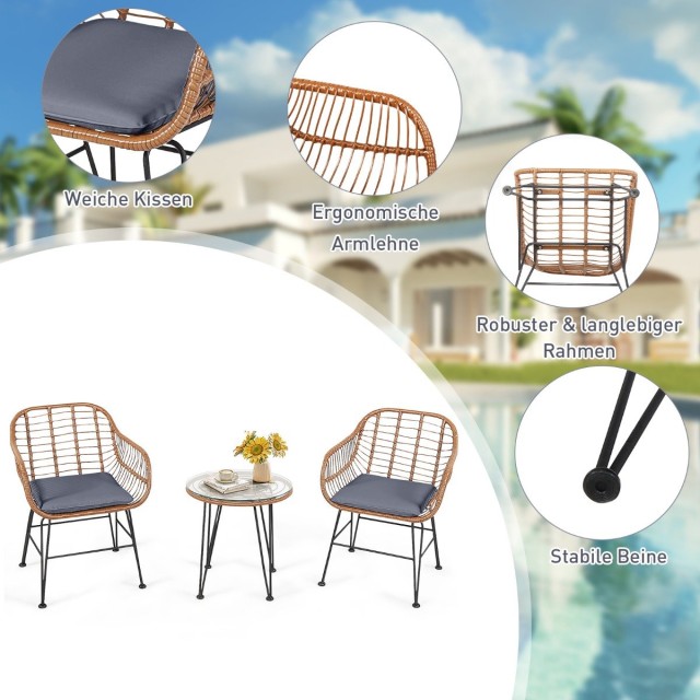 Costway  Σετ Έπιπλα Βεράντας Rattan 3 Τεμαχίων με Τραπέζι και Καρέκλες OP70837GR