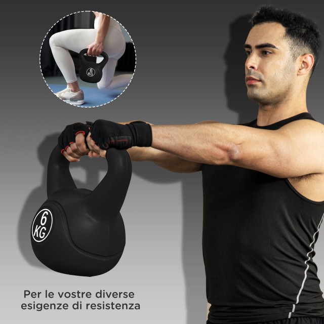 HOMCOM Kettlebell 6kg από Πλαστικό και Άμμο με Επίπεδη Βάση και Λαβή 20x13x22 cm Μαύρο A91-076V05BK