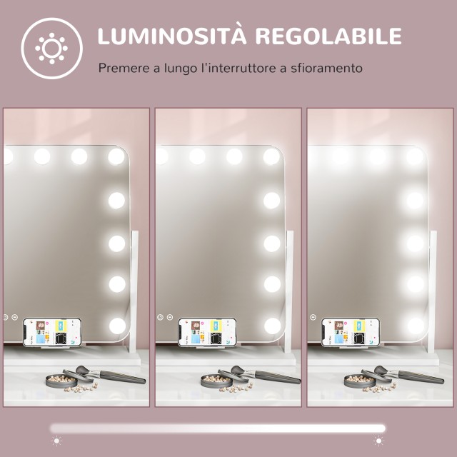 HOMCOM Καθρέφτης Μακιγιάζ με 14 Ρυθμιζόμενα LED, 62.5x14x49.5 εκ., Λευκός 505-018V90WT