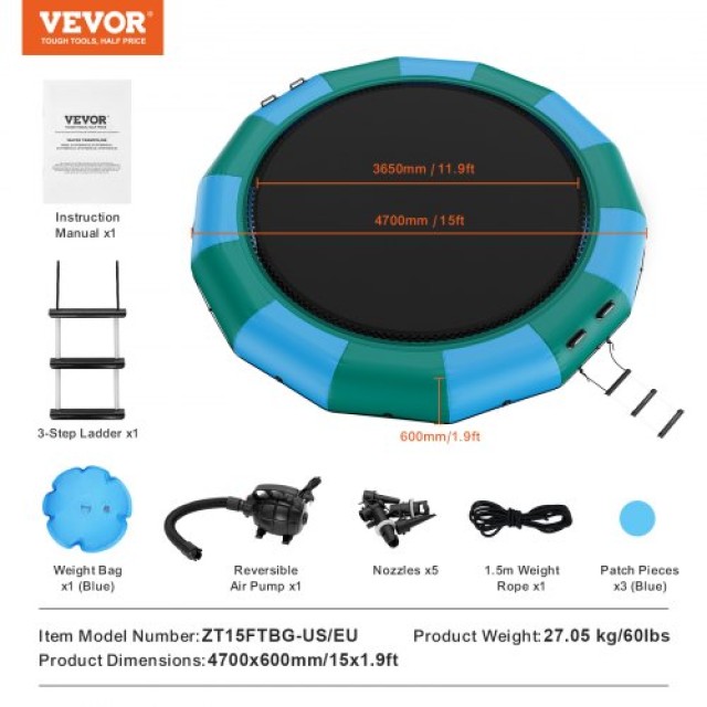 VEVOR Φουσκωτό Τραμπολίνο Νερού 15ft για Πισίνα/Λίμνη BTKSSBCLLS15VJW6BV2