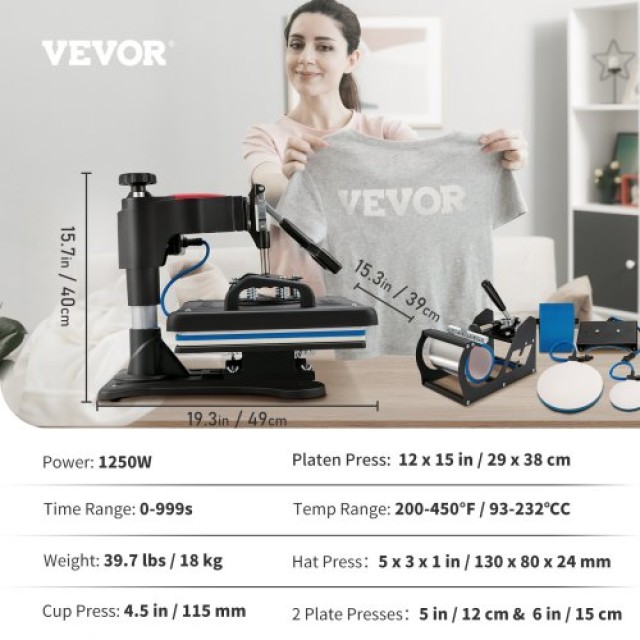 VEVOR Πολυμηχάνημα Θερμομεταφοράς 5 σε 1, 12x15, 1250W  FTSDG1215220VYQJDV2