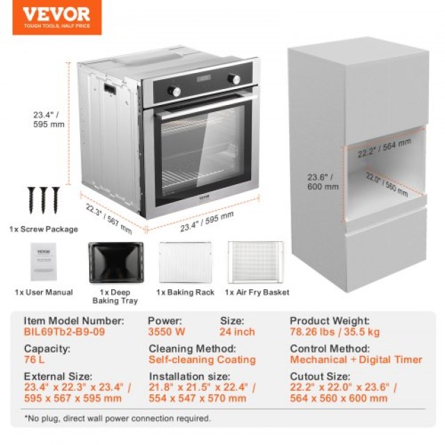 VEVOR Εντοιχιζόμενος Ηλεκτρικός Φούρνος 24 με 9 Λειτουργίες 2.68 Cu. Ft  QRSDKXJXSXK2R1GL4V2