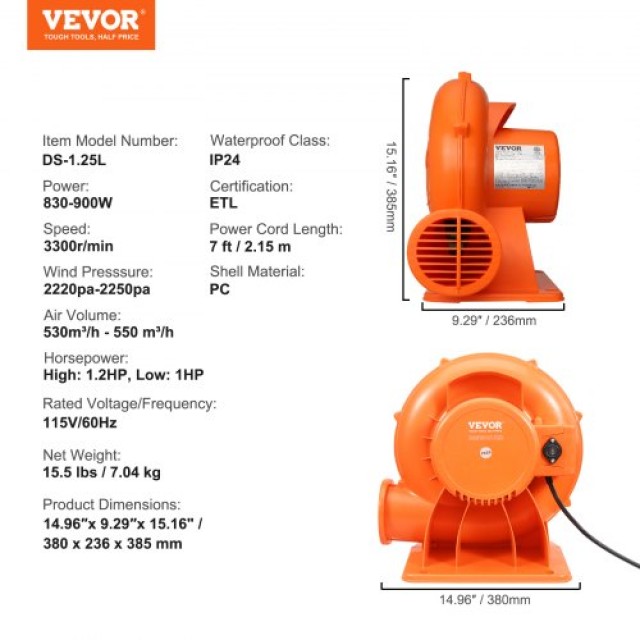 VEVOR Φυσητήρας για Φουσκωτό Κάστρο 900W 550 m³/h  QMFJD950W221M7H2LV2