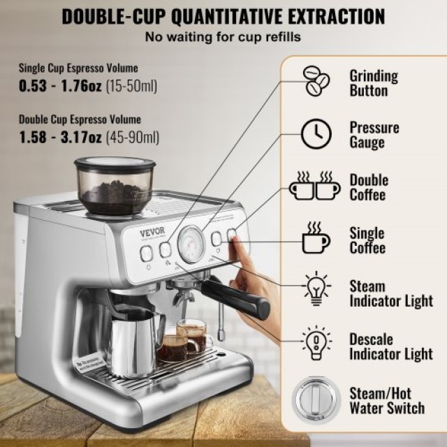 Μηχανή Espresso VEVOR με Μύλο 15 Bar Ημιαυτόματη Καφετιέρα  BZDYSKFJYMKAH5JSRV2