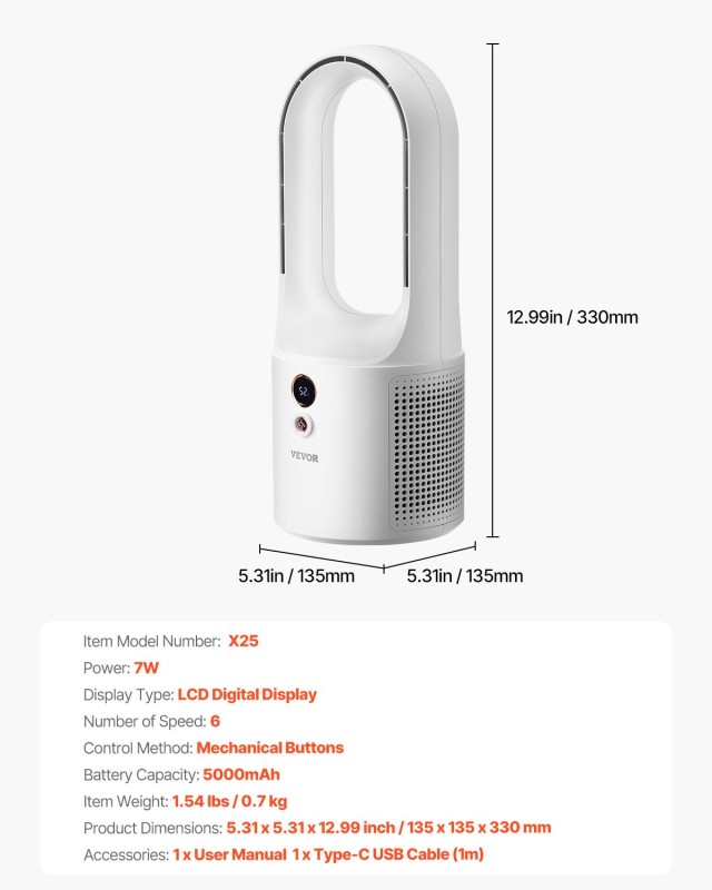 VEVOR Ανεμιστήρας Γραφείου Χωρίς Φτερωτή, 13 Φορητός με 6 Ταχύτητες...