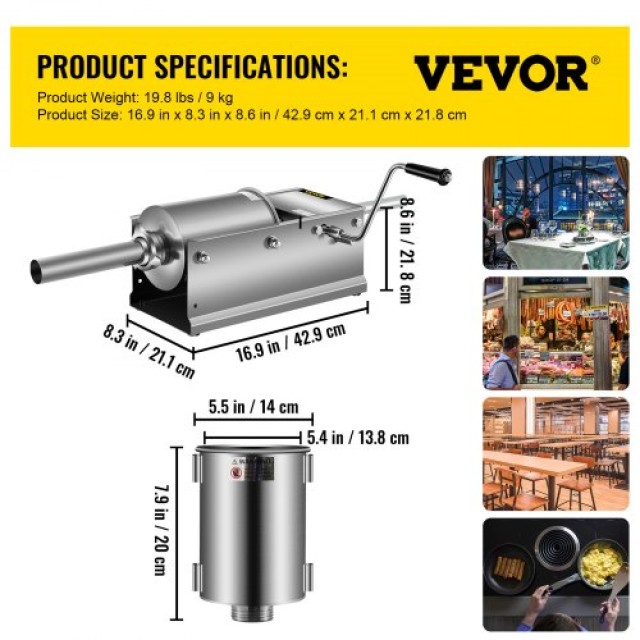 VEVOR Οριζόντια Μηχανή Γεμίσματος Λουκάνικων 3L Ανοξείδωτη Ατσάλινη GCJSDSPS3L0000001V0