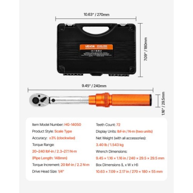 VEVOR Σετ Καστάνιας Ροπής 1/4 20-240 lbf-in/2.3-27.1 N.m Πορτοκαλί ...