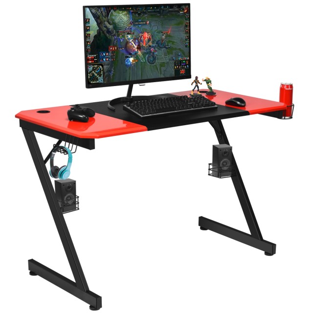 Gaming Γραφείο με Μεταλλική Κατασκευή και Επιφάνεια από Ανθρακονήματα 120 x 60 x 76 cm Κόκκινο και Μαύρο  HW66286 Costway