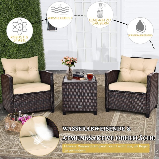 Costway  Σετ Έπιπλα Rattan 3 Τεμαχίων για Κήπο ή Βεράντα με Μαξιλάρια και Τραπέζι με Γυάλινη Επιφάνεια HW68667BN