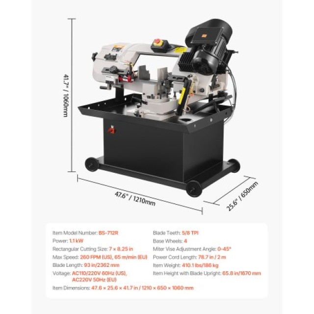 VEVOR Μεταλλική Οριζόντια Ταινιοπρίονα 7 x 8.25 ιν 1.1 kW Μεταβλητής Ταχύτητας 220V WSJSSPDJKXZD96ZL2V2