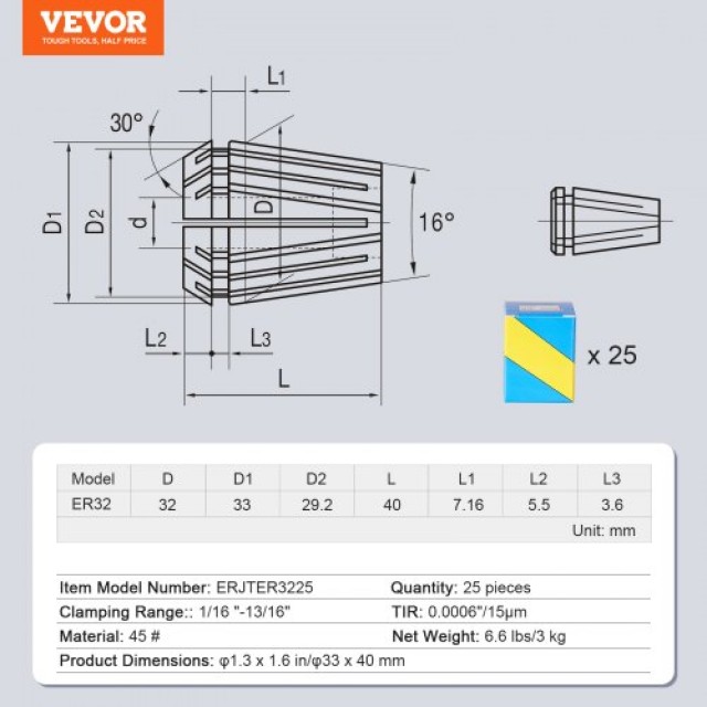 VEVOR  Σετ 25 Τσιμπίδων ER32, 1/16-13/16, για CNC και Τόρνο ERJTER3225J000A7AV0