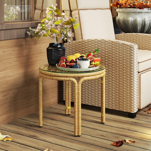 Outsunny Στρογγυλό Τραπέζι Κήπου Rattan & Γυαλί, Ø50x44 εκ, Κίτρινο Boho Chic 867-280V00YL