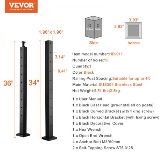 Γωνιακός Μαύρος Στύλος Κάγκελου VEVOR 36x2x2in 1τμχ  1JZLGZ91455HVMLPYV0