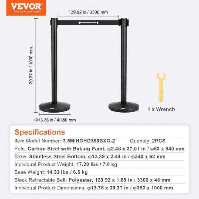 Διαχωριστικά Ουράς VEVOR, 2τμχ με 11FT Μαύρη Ζώνη  ZGGLZHSTZX2J6KF5TV0