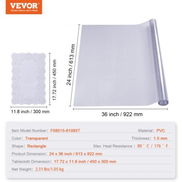 Διαφανές Προστατευτικό Τραπεζιού VEVOR, 24 x 36, 1.5 mm, Αδιάβροχο PVC  ZFXZBYCTMSPVCEVQ2V0
