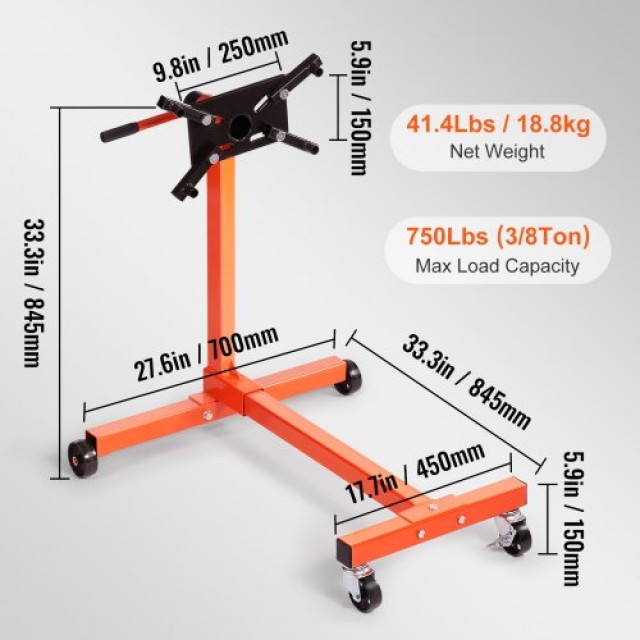 VEVOR Περιστρεφόμενη Βάση Κινητήρα 340kg με Ρυθμιζόμενη Κεφαλή 360°, Χυτοσίδηρος, 4 Ρόδες, 4 Ρυθμιζόμενοι Βραχίονες για Αυτοκίνητα YDXZSF750LBS4870PV0