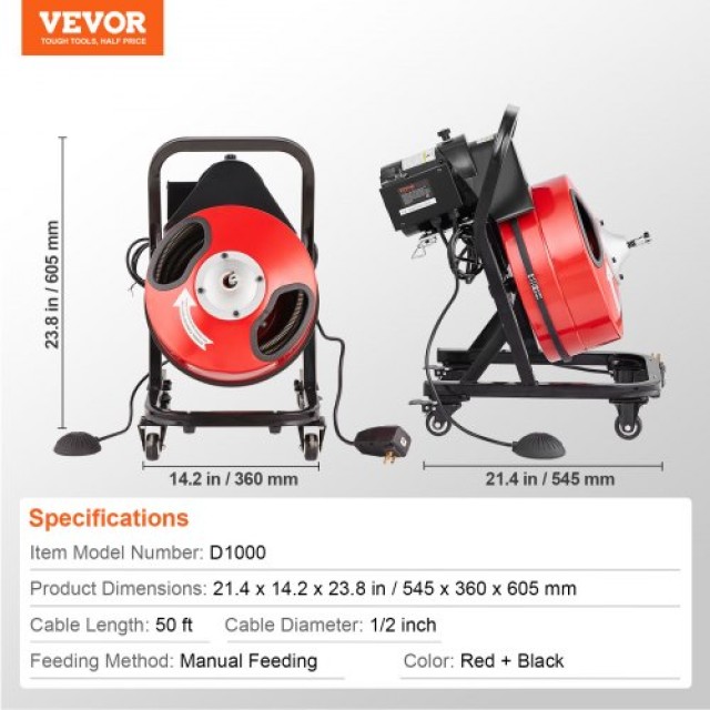 VEVOR Μηχάνημα Καθαρισμού Αποχέτευσης 50FT x 1/2 Χειροκίνητο Φίδι με Ρόδες  SDJJKLSGDSTJWGUIYV2