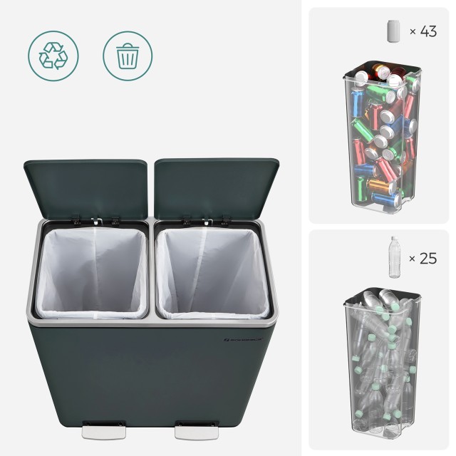SONGMICS Κάδος Απορριμάτων 60L με 2 Θαλάμους 2 x 30L, Γκρι LTB60GS 