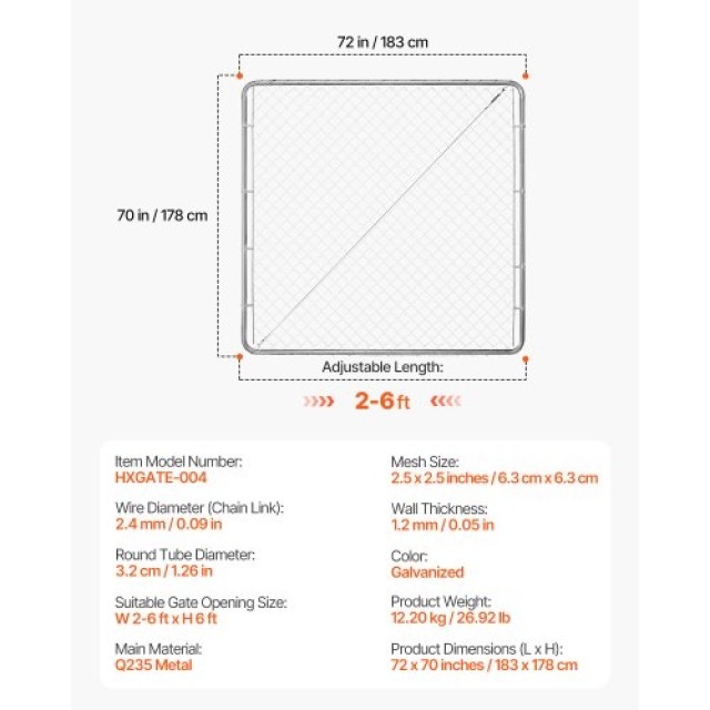 VEVOR Πύλη Φράχτη Αλυσίδας 3x4 ft Χωρίς Κολώνες SWHYM7072INCM7PVRV0