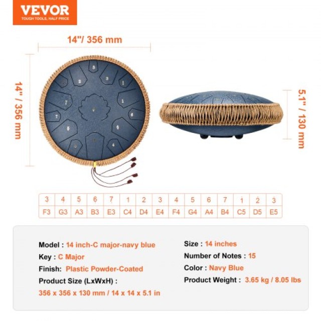 VEVOR Ατσάλινο Τύμπανο Γλώσσας 14 ιντσών με 15 Νότες, Τύμπανο Βροχής για Εξωτερικούς Χώρους, Ντο Μείζονα, Σκούρο Μπλε Ναυτικό GSGGSG14INCHCZ6UVV0