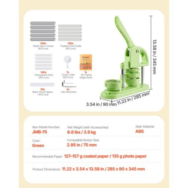 VEVOR Μηχανή Κατασκευής Καρφιτσών 75mm με Εξαρτήματα, Πράσινο SLKXZ...