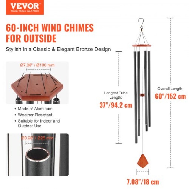 VEVOR Ανεμογλυφίδες Εξωτερικού Χώρου 1524 mm Αλουμινίου Μνημειακές με Βαθύ Τόνο Ανεμογλυφίδες JSFLHS60INCH21A4XV0