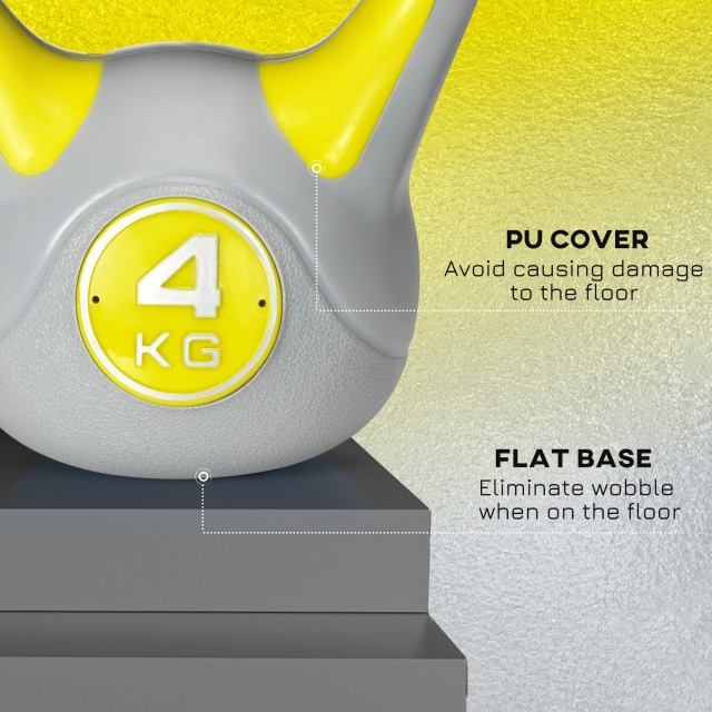 SPORTNOW Kettlebell 4kg σε PU και Sand με επίπεδη βάση και λαβή για Deadlifts, Squats και Lifts, 18x12x20 cm, Κίτρινο A91-255V01YL