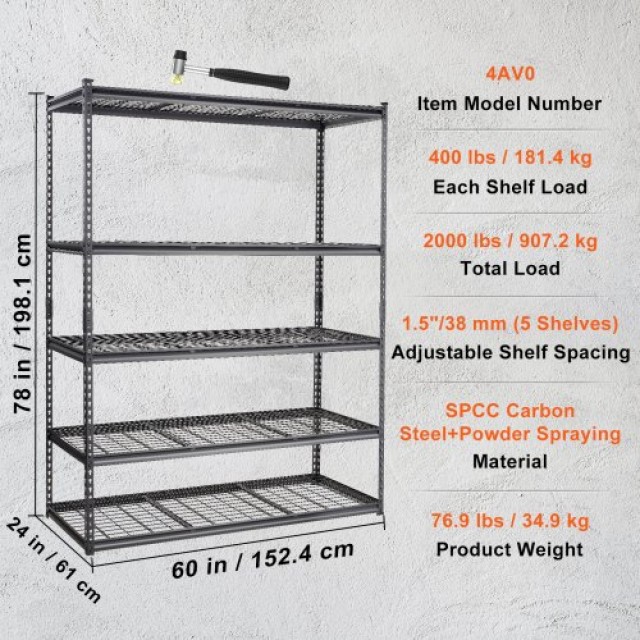 Ράφι Αποθήκευσης VEVOR, 5 Επιπέδων, 2000 lbs, Μεταλλικό, 60x24x78, Μαύρο  XLZLKHJCL24DXIG4AV0