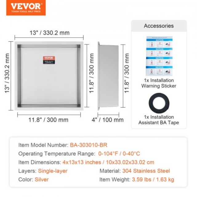 VEVOR Ανοξείδωτη Εσοχή Ντουζιέρας 33x33 εκ. με Διπλά Ράφια για Μπάν...