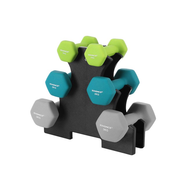 SONGMICS Σετ 6 τμχ Εξάγωνων Αλτήρων 1kg, 2kg, 3kg  με Βάση σε Λαχανί, Τιρκουάζ και Ανοιχτό Γκρι -SYL612GN 