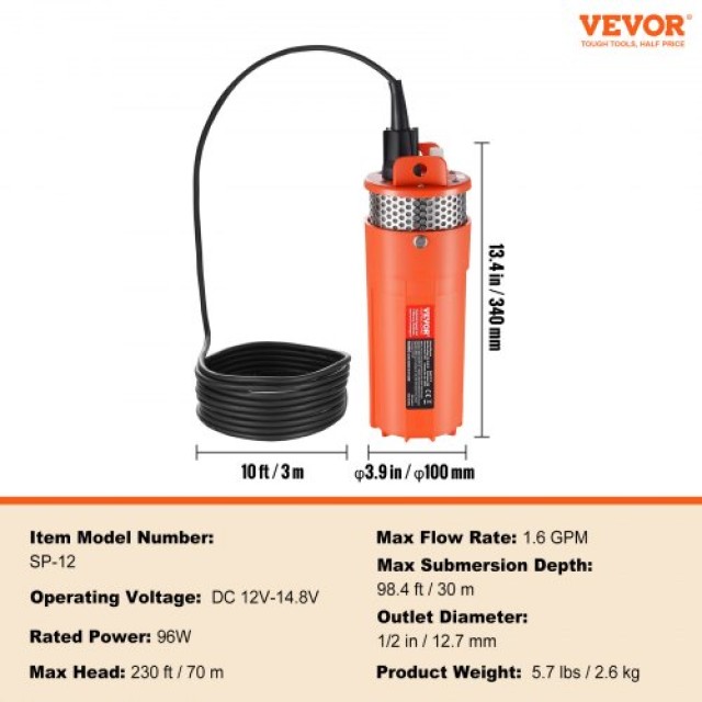 Αντλία Νερού VEVOR Solar 12V DC 96W Υποβρύχια, Μέγ. Ροή 1.6 GPM, Μέ...