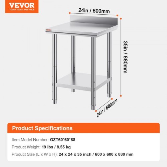 Τραπέζι Εργασίας VEVOR 60x60x88cm Ανοξείδωτο με Κάτω Ράφι για Επαγγελματική Κουζίνα  60X60X88CFGZTTZT1V0