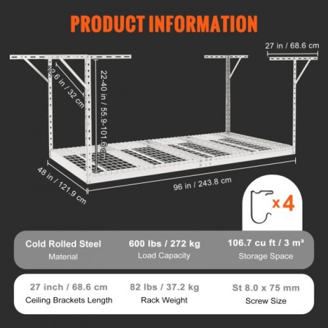 Ράφι Οροφής Γκαράζ VEVOR, 48x96, 600 lbs, Λευκό  CKTHBCWJZBS48OCI3V0