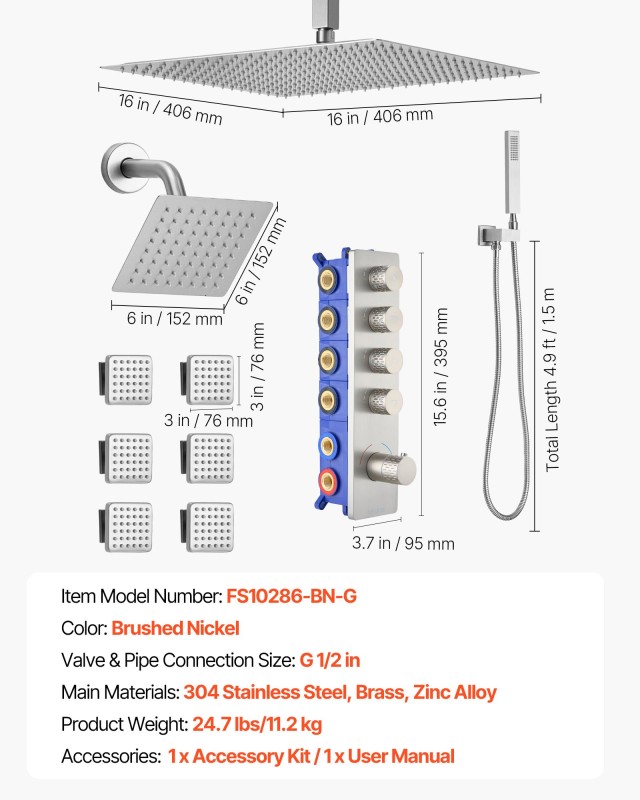 VEVOR Σετ Ντους Οροφής με Θερμοστάτη, Βροχή και Πολλαπλούς Ψεκαστήρ...