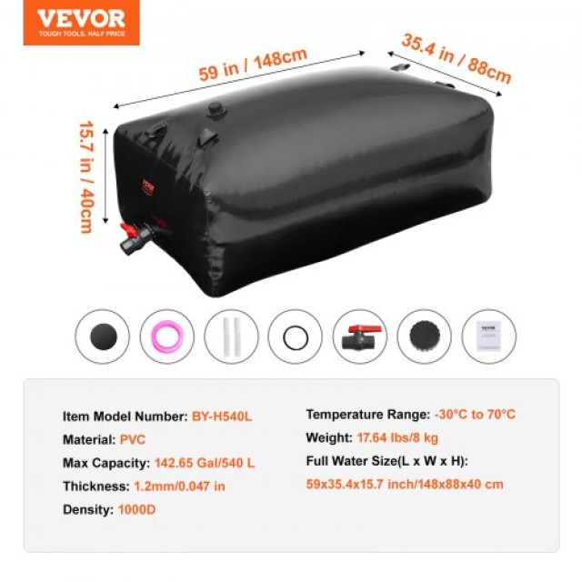 VEVOR Φορητή Δεξαμενή Νερού 142.7 Γαλόνια PVC Αναδιπλούμενη Δεξαμενή Νερού Μαύρη CSDHSPVCB540DZKSQV0