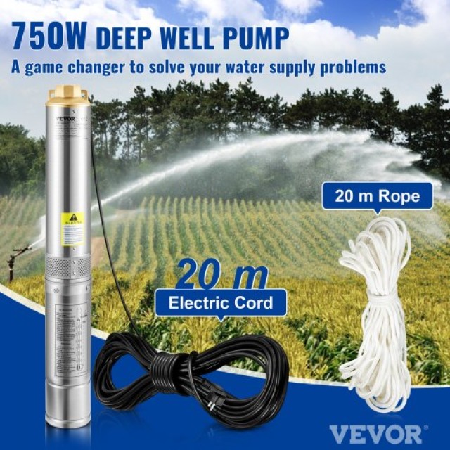 Υποβρύχια Αντλία VEVOR 750W, 230V, 105L/min, 62m, Ανοξείδωτη, IP68 ...