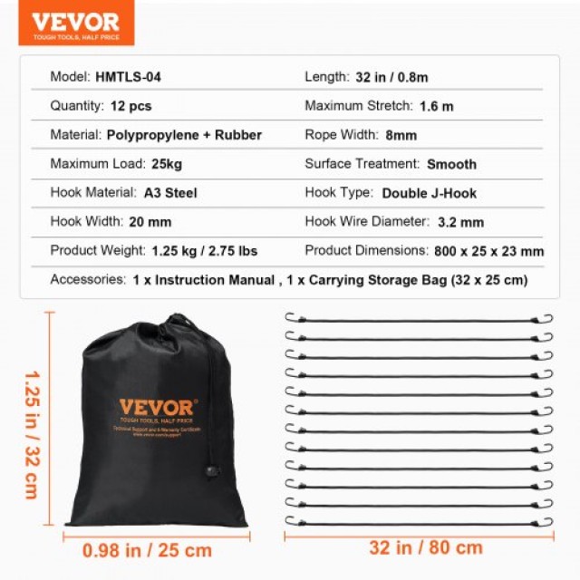 VEVOR  12 Τεμ. Ελαστικοί Ιμάντες με Γάντζους 32 Βαρέως Τύπου 8 mm Μαύροι DLKZDYXDGDGGKC54EV0