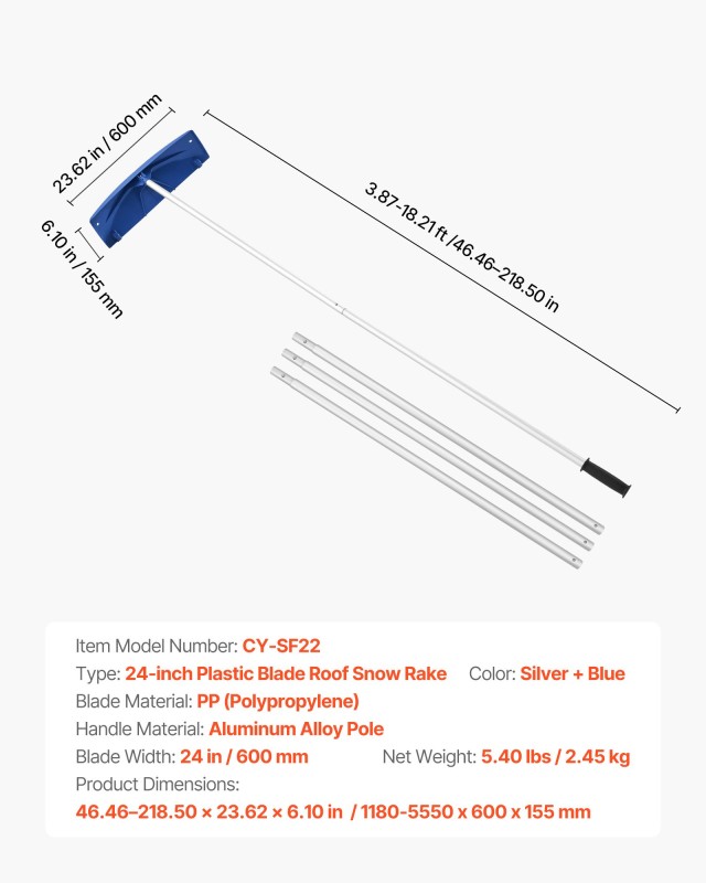 VEVOR Ράβδος Καθαρισμού Χιονιού Οροφής, 60εκ PP Πλαστική Λεπίδα, Ρυ...