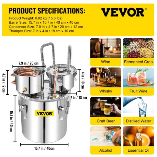 VEVOR  Αποστακτήρας Αλκοόλ 50L με Συμπυκνωτή & Θάμπερ, 13.2Gal Λέβητας Οίνου με Χάλκινο Σωλήνα, Κιτ Οικιακής Ζυθοποιίας με Θερμόμετρο, Ασημί ZLQSLNTDBO50LO87SV2