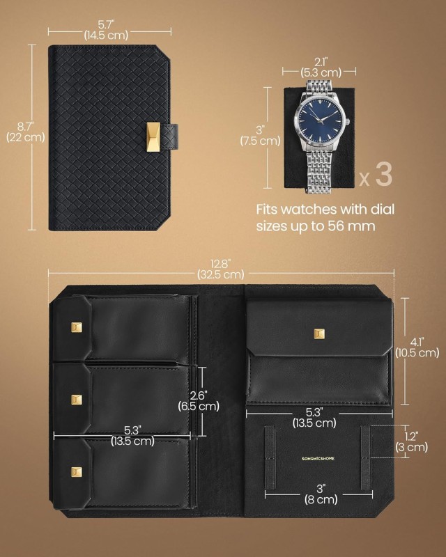 Φορητή Θήκη με Κουμπί για 3 Ρολόγια 2 x 14.5 x 4.5 cm Μαύρο JWB018B01 Songmics